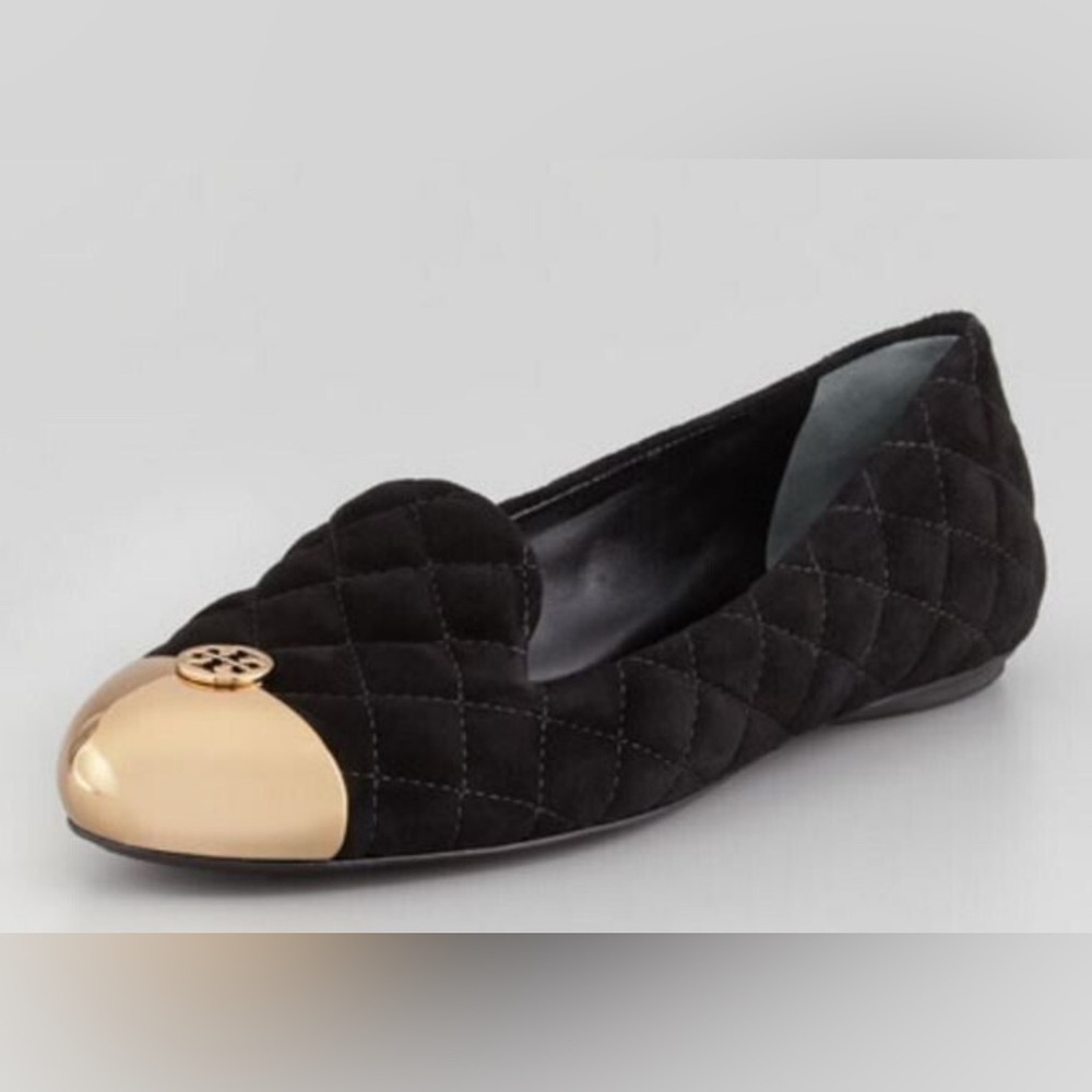 Tory Burch Quilted Black Suede Gold Cap Toe Ballet Flats Women's Size 7M